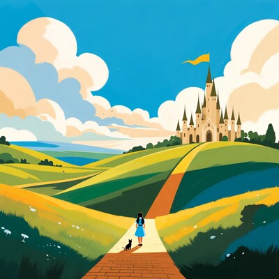 Girl with dog walking to castle
