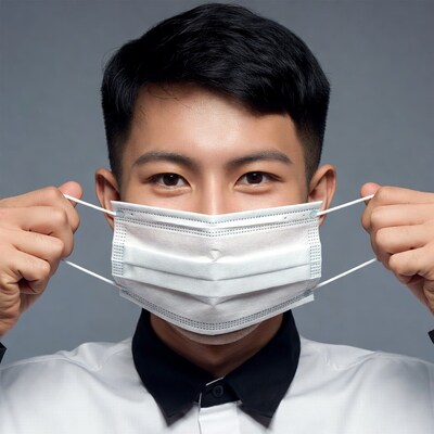 Asian man holding white face mask
