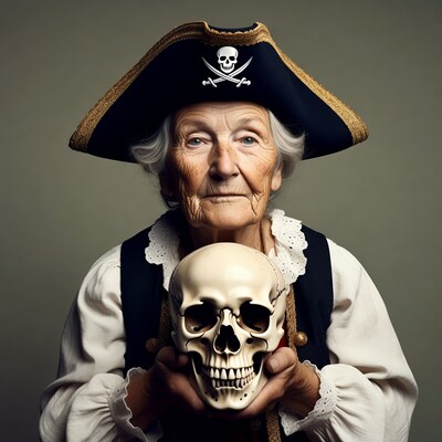 Elderly woman pirate holding skull