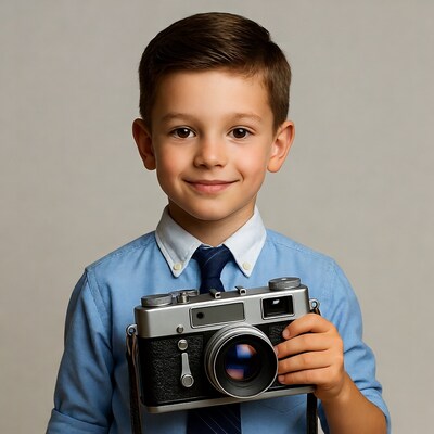 Boy holding vintage camera