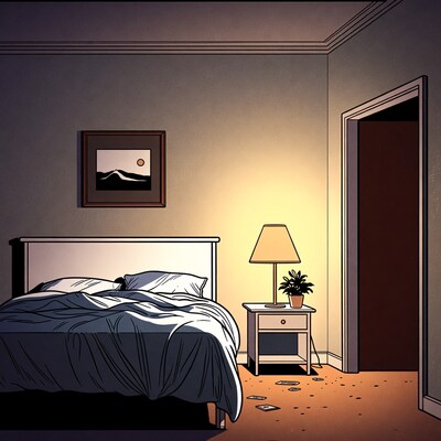 Empty bedroom with bed and lamp