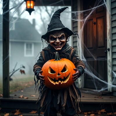 Witch child holding jack-o-lantern pumpkin