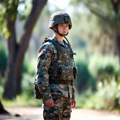 Asian woman soldier in camouflage uniform