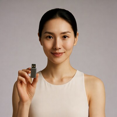 Asian woman holding USB drive