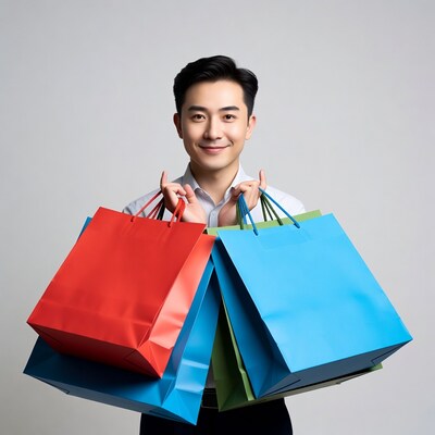 Asian man holding shopping bags