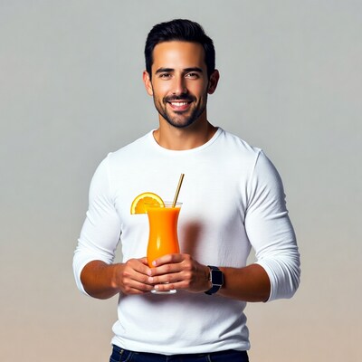 Man holding orange smoothie glass