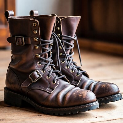 Brown leather combat boots pair