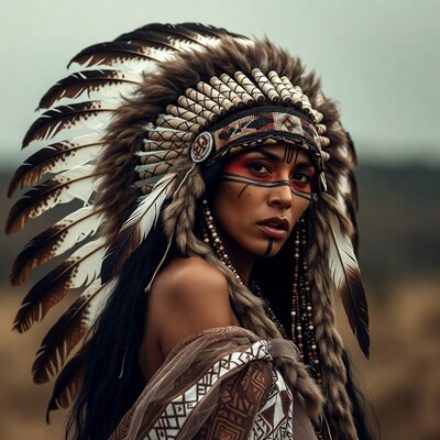 Indigenous woman in feather headdress