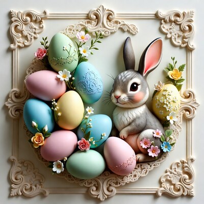 Cute Bunny with Pastel Easter Eggs