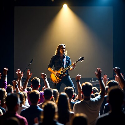 Rock musician playing guitar on stage