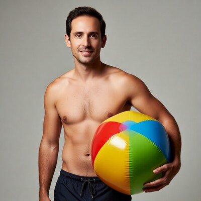 Shirtless man holding beach ball
