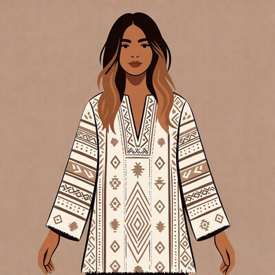 Woman in embroidered beige dress