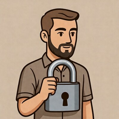 Bearded man holding padlock
