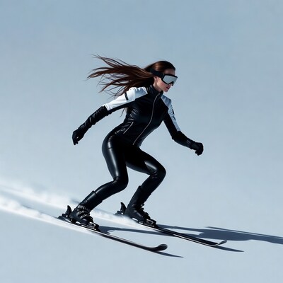 Woman skiing in black leather suit