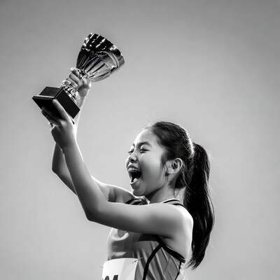 Asian girl holding trophy