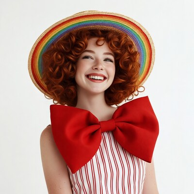 Woman in rainbow hat smiling