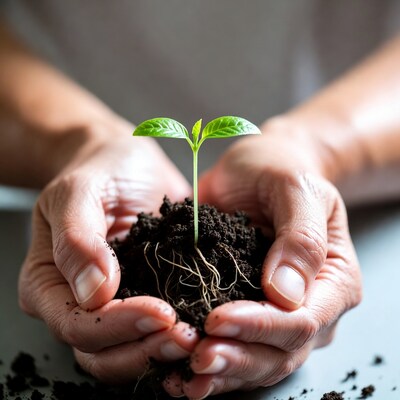 Hands holding young green sprout