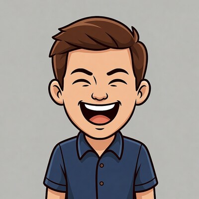 Cartoon Asian man laughing happily
