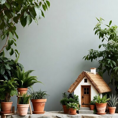 Miniature thatched house with potted plants