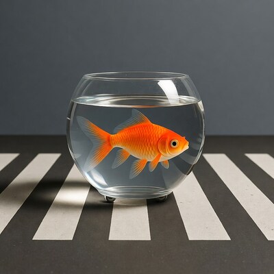 Goldfish in glass bowl on zebra stripes