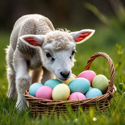 Lamb sniffing Easter eggs in basket