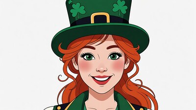 Smiling redhead woman in leprechaun hat