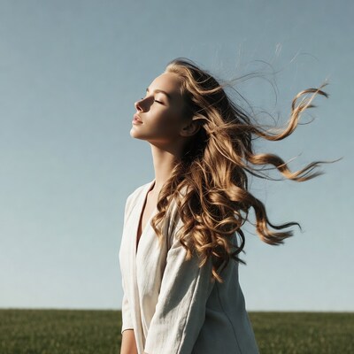 Blonde woman with flowing hair in field