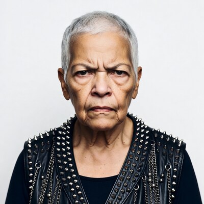 Elderly African-American woman in spiked leather vest