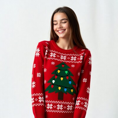 Smiling girl in Christmas tree sweater