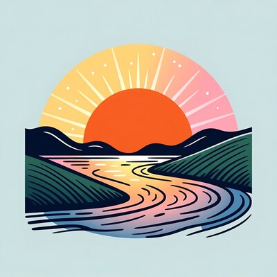 Sunset over river and mountains illustration