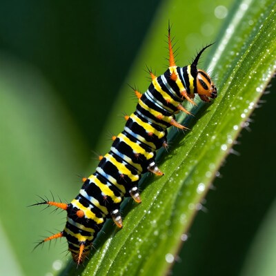 Striped caterpillar on green leaf