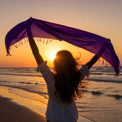Woman holding purple scarf at sunset beach