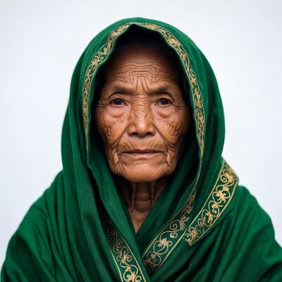Elderly Asian woman in green hooded scarf