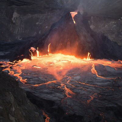 Active volcano erupting molten lava