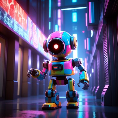 Colorful robot in neon cyberpunk alley