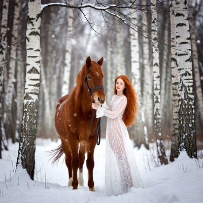 Redhead woman holding horse in snowy birch forest