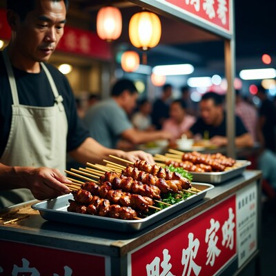 Asian man serving yakitori skewers at night market