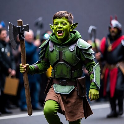 Boy in goblin costume with axe