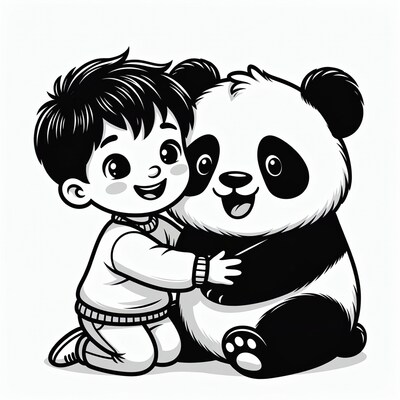 Boy hugging cute panda illustration