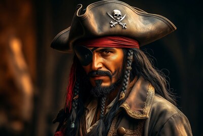 Pirate man with eyepatch and tricorn hat