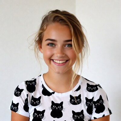 Smiling girl in black cat t-shirt