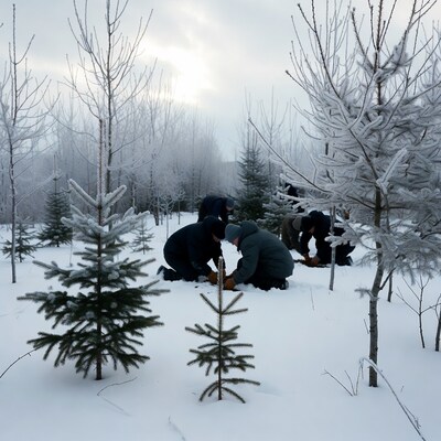 Men planting tree in snowy forest
