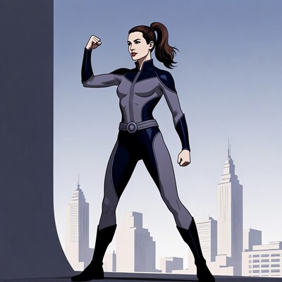 Female superhero flexing on skyscraper rooftop