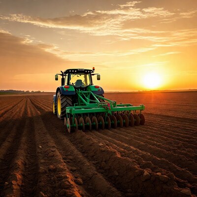 Green tractor harrowing field at sunset