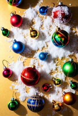Colorful Christmas Ornaments in Snow