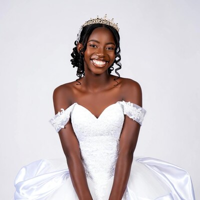 African-American woman in white wedding gown with tiara