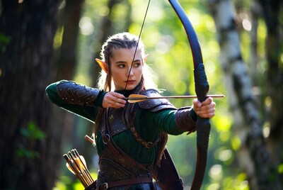 Elf woman shooting bow in forest