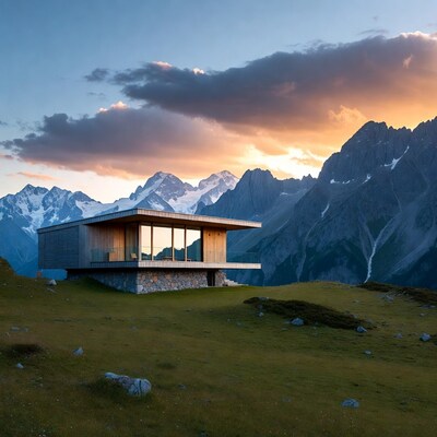 Modern wooden cabin on mountain meadow