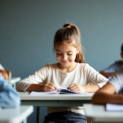 Girl reading book at school desk