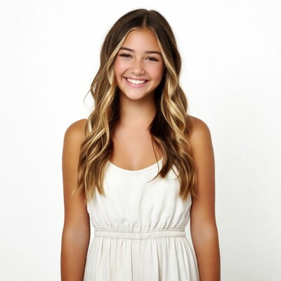 Teen girl smiling in white dress